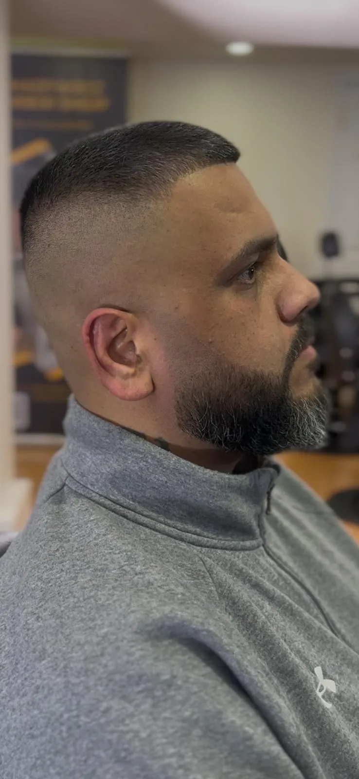 Bald Fade, Front View, a real client cut by Mark Yousif