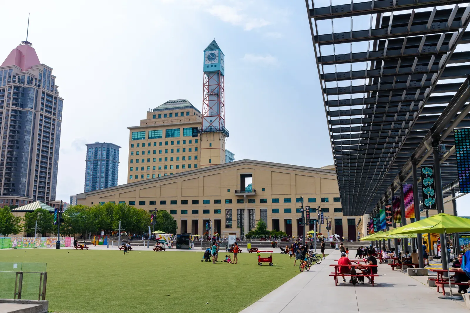 Mississauga Celebration Square and City Hall on a sunny day
